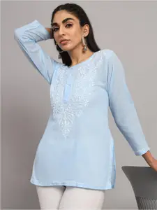 PARAMOUNT CHIKAN Women Embroidered Lucknowi Chikankari Cotton Denim Kurti