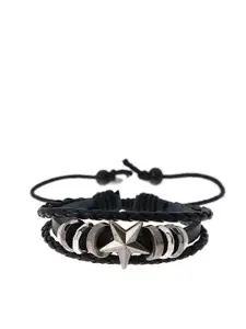 Peora Men Silver-Toned & Black Silver-Plated Wraparound Bracelet