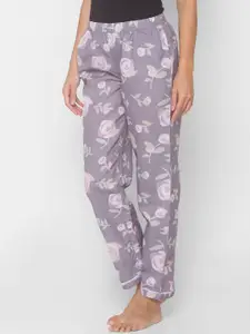 NOIRA Women Floral Printed Mid-Rise Cotton Lounge Pants