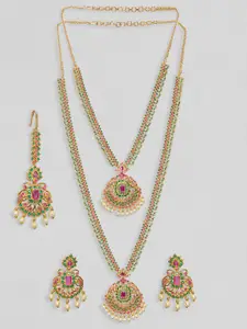 Rubans Set of 2 22K Gold Plated Ruby & Emerald Studded Necklace Set with Gold Pearl Acents