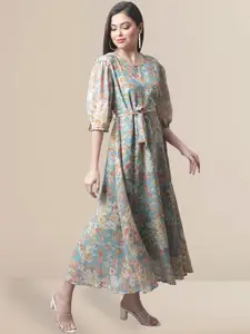 Fabflee Round Neck Floral Printed Georgette Maxi Dress With Belt
