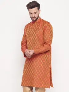VASTRAMAY Woven Design Mandarin Collar Jacquard Silk Kurta
