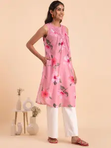 Pink Fort Sleeveless Floral Printed Pleated Cotton Kurta