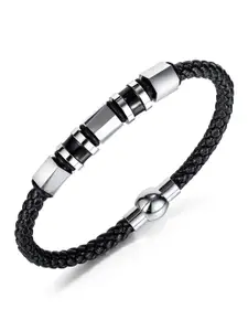 Peora Men Leather Silver-Plated Kada Bracelet