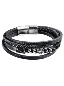 Peora Men Leather Silver-Plated Multistrand Bracelet