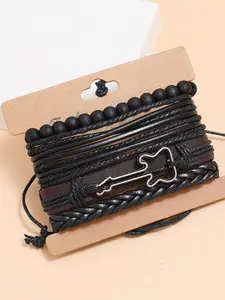 Peora Men Pack Of 4 Leather Silver-Plated Multistrand Bracelet