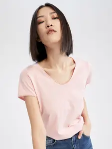 DeFacto V-neck Raw Edge Pure Cotton T-shirt
