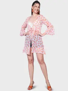 BUY NEW TREND Women Floral Printed Bell Sleeves Tie-Up Longline Shrug