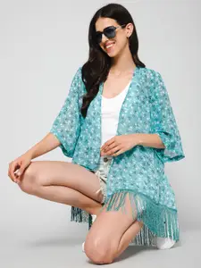 PURYS Women Floral Printed Kimono Open Front Tasselled Shrug