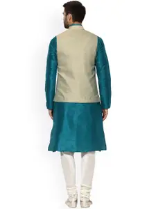 KISAH Men Teal Green & Off-White Jacquard Kurta Churidar with Nehru Jacket