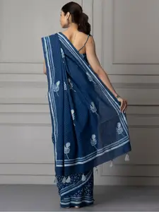 Geroo Jaipur Ethnic Motifs Block Printed Pure Cotton Bagru Saree