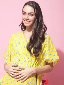Secret Wish Floral Motifs Printed Pure Cotton Maternity Kaftan Nightdress