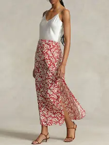 Polo Ralph Lauren Floral Printed Pure Cotton Tie-Detail Midi A-Line Skirt