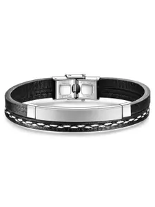 ZIVOM Men Leather Silver-Plated Link Bracelet
