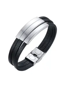ZIVOM Men Leather Silver-Plated Link Bracelet