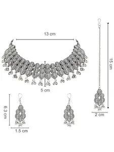 I Jewels Silver-Plated Oxidised Choker Necklace and Earrings with Maang Tika
