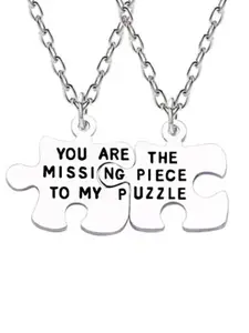 OOMPH Set Of 2 Jigsaw Puzzle Stainless Steel Couple Fashion Pendant Set