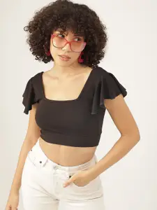 AAHWAN Square Neck Flutter Sleeve Styled Back Crop Top