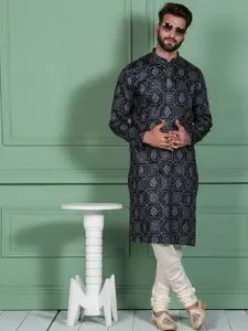 KISAH Bandhani Printed Mandarin Collar Regular Kurta With Churidar