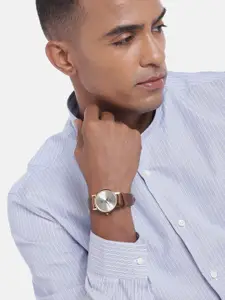 maxima Men Brass Dial Leather Straps Analogue Watch 56022LMGY