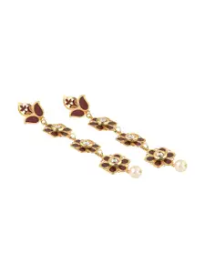 TEEJH Gold-Plated Floral Stone-Studded & Beaded Drop Earrings