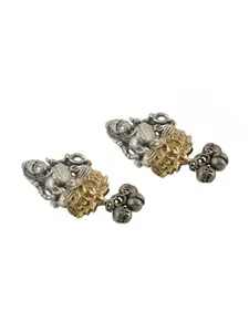 TEEJH Silver-Plated Contemporary Oxidised Temple Jhumkas Earrings
