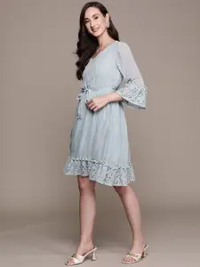 Ishin V-Neck Striped Bell Sleeve Lace A-Line Dress With Pom Pom