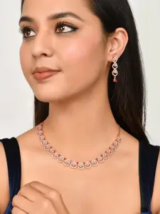 Voylla Rose-Gold Plated CZ Necklace With Earrings