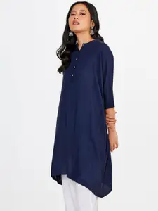 Global Desi Mandarin Collar Asymmetric Hem A-Line Kurta
