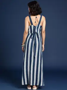 Taavi Women Indigo Vertical Stripes Shoulder Straps Maxi Dress