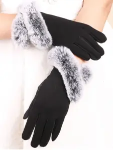 Alexvyan Women Patterned Rabbit Fur Warm Gloves