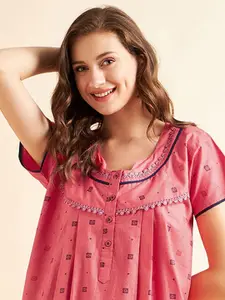 Sweet Dreams Red & Blue Ethnic Motifs Printed Pure Cotton Maxi Nightdress