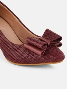 DressBerry Burgundy Textured Bow Detail Block Heel Pumps