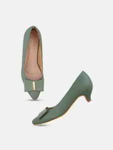 DressBerry Olive Green Bow Detail Kitten Heel Pumps