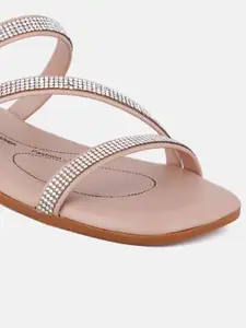 DressBerry Pink And Silver-Toned Embellished Open Toe Flats