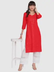 KALINI Pack Of 2 Embroidered Notched Neck Chikankari Pure Cotton Kurta
