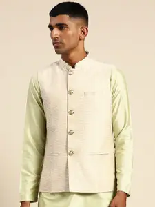 KISAH Woven Design Mandarin Collar Nehru Jacket