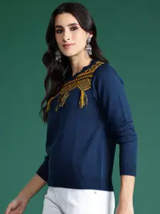 Sangria Pure Acrylic Self-Design Pullover with Fringes