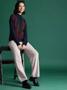 Sangria Acrylic Floral Self Design Pullover