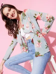 KASSUALLY Women Blue & Red Floral Printed Open Front Shrug