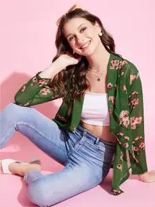 KASSUALLY Green & Brown Floral Printed Shrug With Smoking
