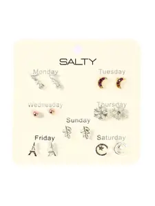 SALTY Set Of 7 Silver-Plated Contemporary Studs Earrings