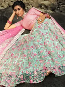 FABPIXEL Floral Embroidered Sequinned Semi-Stitched Lehenga Choli With Dupatta