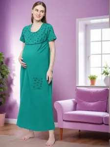 Kryptic Conversational Printed Pure Cotton Maternity Maxi Nightdress