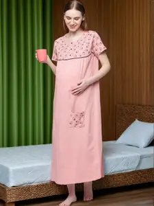 Kryptic Conversational Printed Pure Cotton Maternity Maxi Nightdress