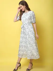 Fabflee Floral Print Georgette Fit & Flare Midi Dress