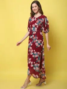 Fabflee Floral Georgette Fit and Flare Maxi Dress