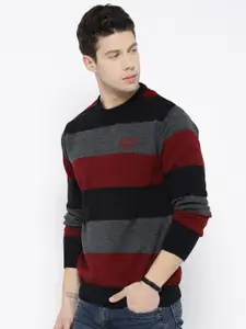 Roadster Men Maroon & Grey Melange Striped Pullover
