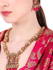 MANSIYAORANGE Gold-Plated Stone-Studded & Beaded Temple Long Necklace & Earrings