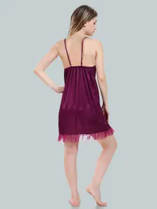 Be You Solid Lace Details Satin Nighty with Robe